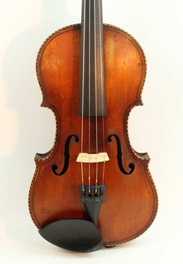 MV15/ 76b Antique  German (Markneukirchen) violin.  Herringbone-style edging. With Wittner Finetune pegs. Sound sample.